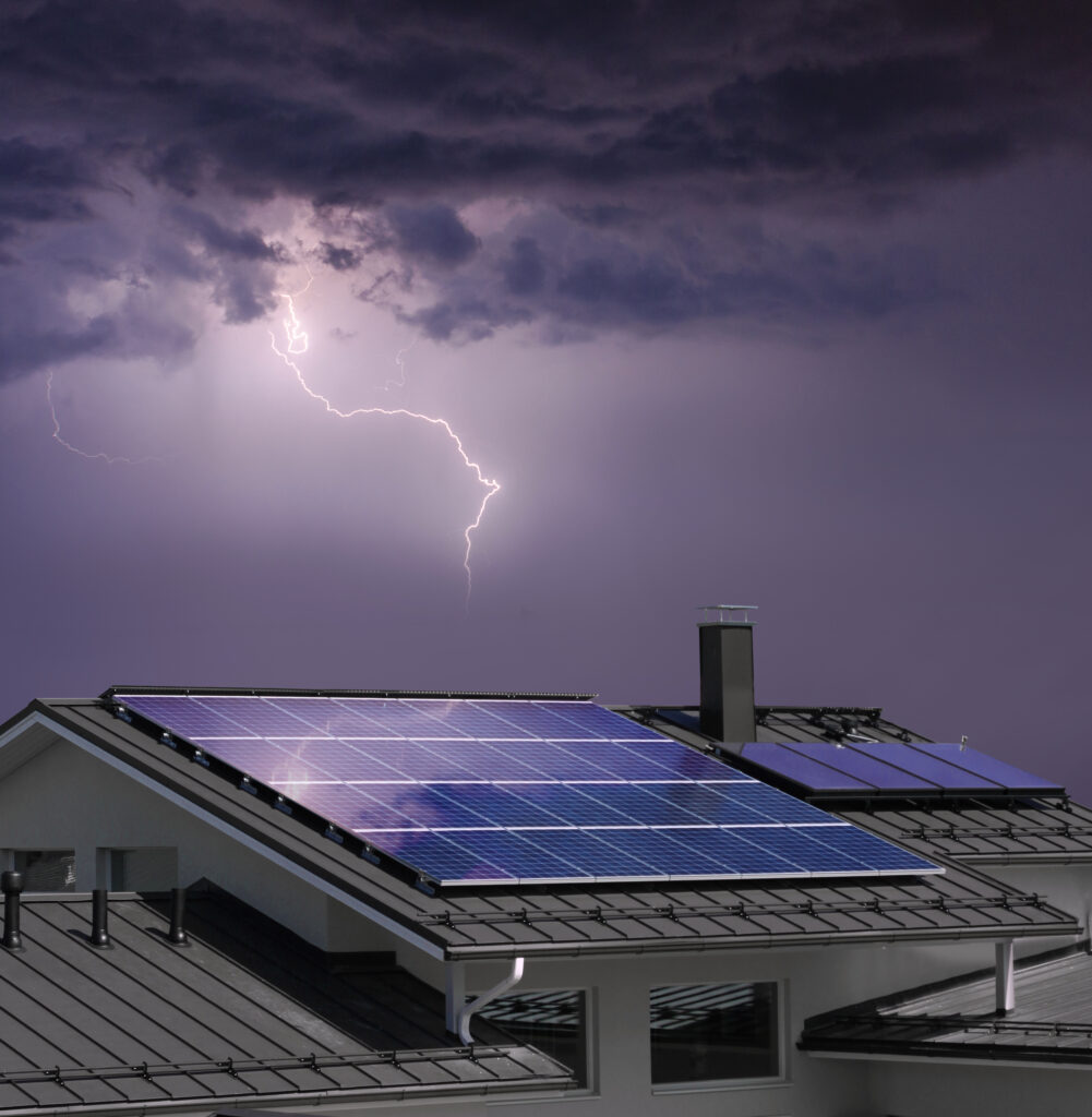 Solar,Panel,System,On,House,Roof,,Dark,Sky,,Thunder,And